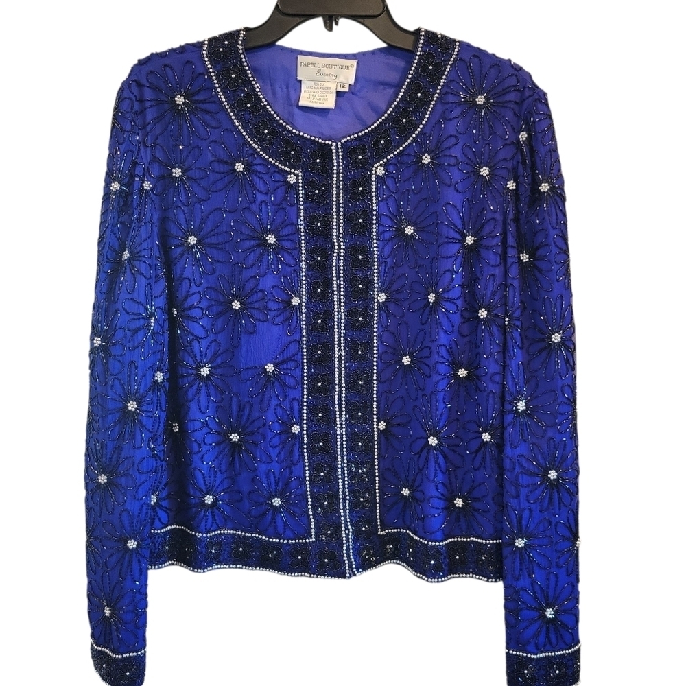 Vintage Papell Boutique Floral Blue Black Silk Beaded Jacket